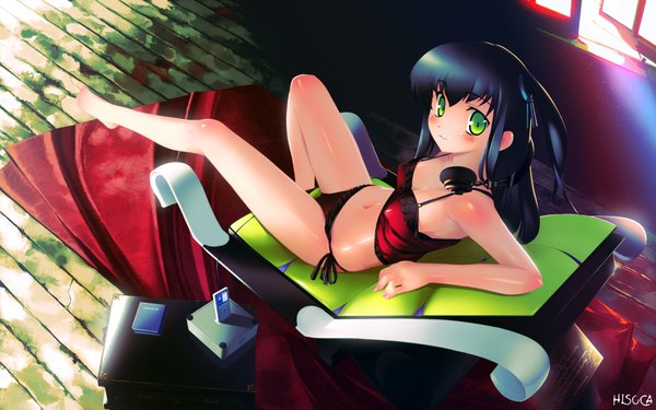 Anime picture 1920x1200 with original hisoca highres light erotic black hair wide image green eyes girl headphones