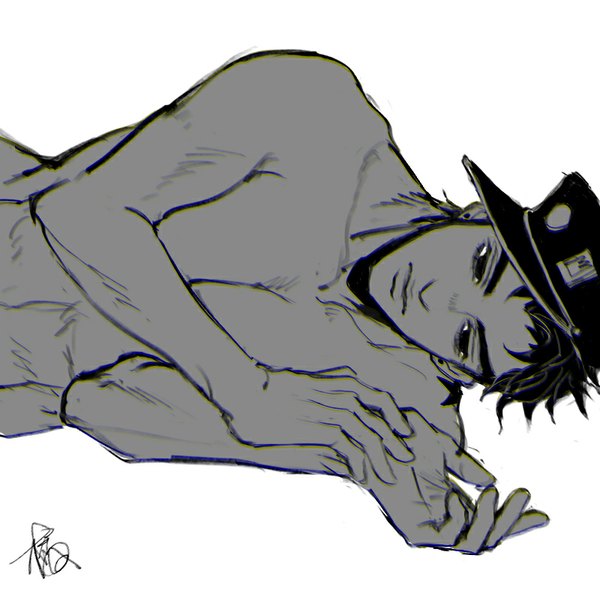 Anime picture 800x800 with jojo no kimyou na bouken kujo jotaro fan ju single short hair light erotic simple background white background signed lying mole piercing looking down monochrome ear piercing topless eyebrows joestar birthmark boy flat cap