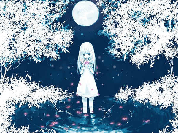 Anime picture 2500x1875 with original yuya (night lily) single long hair highres standing light smile partially submerged polychromatic girl dress flower (flowers) plant (plants) tree (trees) water moon full moon