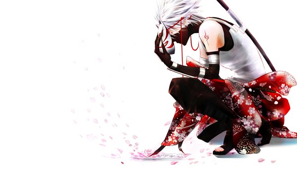 Anime picture 1920x1200 with naruto studio pierrot naruto (series) hatake kakashi single highres short hair simple background wide image white background white hair traditional clothes tattoo boy gloves weapon petals elbow gloves mask thread