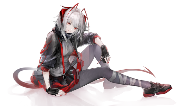 Anime picture 4325x2433 with arknights w (arknights) qiangjitong single looking at viewer highres short hair simple background red eyes wide image white background sitting absurdres silver hair full body tail nail polish head tilt horn (horns) red nail polish