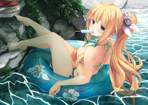Anime picture 1529x1087 with mafuyun single long hair looking at viewer blush fringe breasts blue eyes light erotic blonde hair large breasts payot full body ahoge ponytail from above floral print polka dot rock food in mouth
