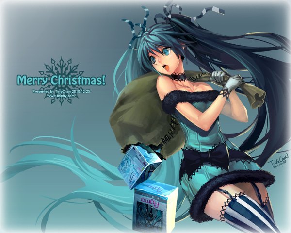 Anime picture 1280x1024 with vocaloid hatsune miku single long hair open mouth blue eyes twintails bare shoulders cleavage green hair christmas girl thighhighs gloves ribbon (ribbons) striped thighhighs stitches