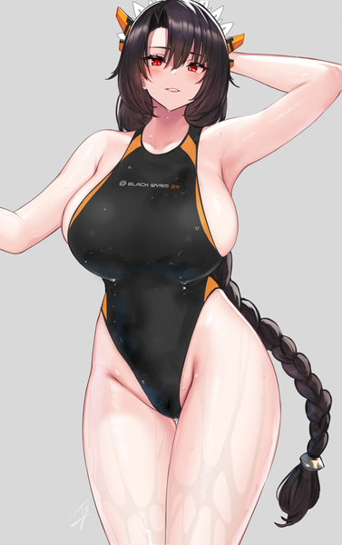 Anime picture 2087x3324 with last origin black wyrm s9 hayabusa single long hair tall image looking at viewer fringe highres breasts light erotic black hair simple background hair between eyes red eyes large breasts standing bare shoulders payot braid (braids)