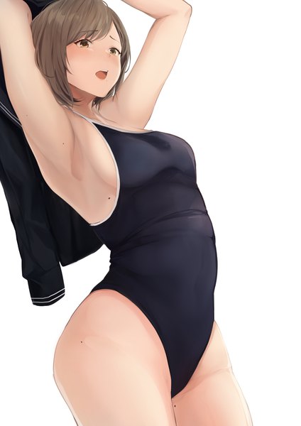 Anime picture 2894x4093 with original ayubee single tall image blush fringe highres short hair breasts open mouth light erotic simple background brown hair standing white background bare shoulders brown eyes looking away mole arms up