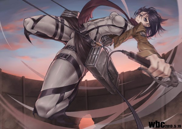 Anime picture 2507x1772 with shingeki no kyojin production i.g mikasa ackerman cheng pitang single highres short hair black hair holding black eyes open clothes open jacket dual wielding girl weapon sword boots scarf