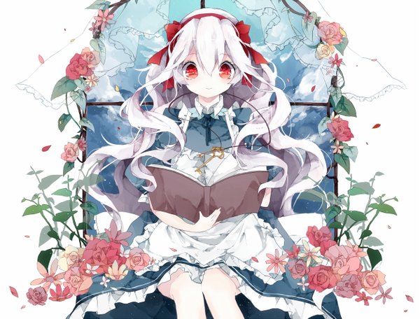 Anime picture 1254x955 with kagerou project shaft (studio) mary (kagerou project) natyu hata single long hair blush red eyes sitting sky silver hair cloud (clouds) light smile wavy hair reading girl flower (flowers) ribbon (ribbons) hair ribbon petals