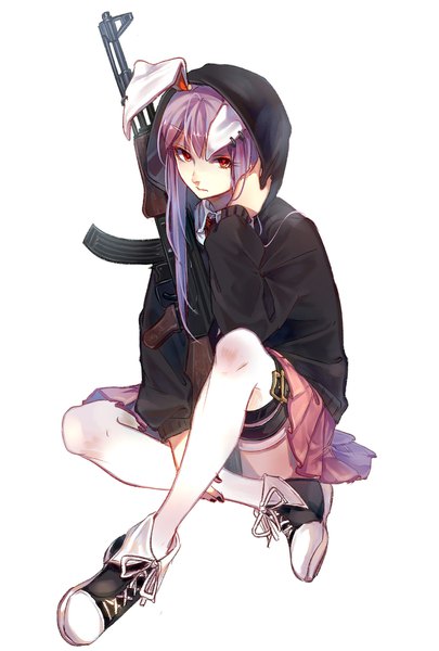 Anime picture 1181x1748 with touhou reisen udongein inaba houraisan chouko single long hair tall image looking at viewer fringe simple background red eyes white background sitting holding animal ears purple hair full body bent knee (knees) long sleeves nail polish pleated skirt