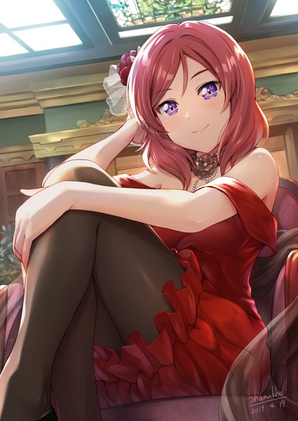 Anime picture 1411x1992 with love live! school idol project sunrise (studio) love live! nishikino maki shamakho single tall image looking at viewer blush fringe short hair breasts smile sitting purple eyes bare shoulders signed payot red hair indoors