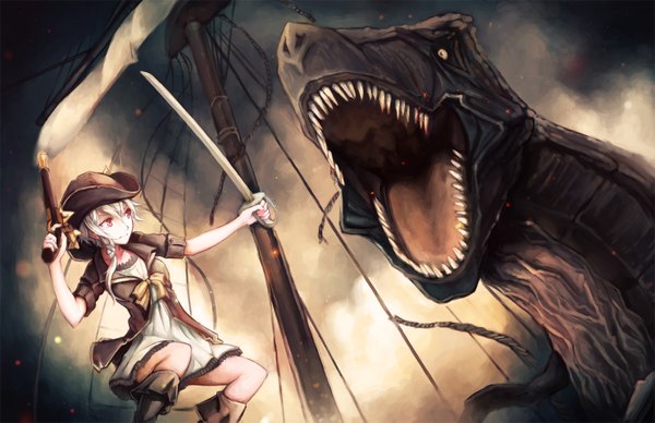 Anime picture 1488x963 with saimon ma short hair open mouth red eyes white hair teeth fang (fangs) single braid pirate girl dress bow weapon animal sword gun pistol rope pirate hat dinosaur