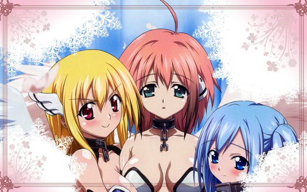 Anime picture 1920x1200 with sora no otoshimono ikaros nymph (sora no otoshimono) astraea long hair blush highres blue eyes light erotic blonde hair red eyes wide image twintails multiple girls green eyes pink hair cleavage loli girl 3 girls