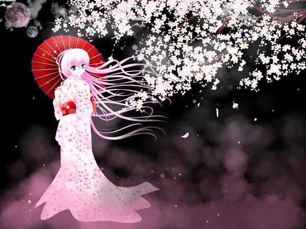 Anime picture 1700x1275 with original toshi (1-147) long hair green eyes pink hair traditional clothes japanese clothes cherry blossoms girl flower (flowers) petals kimono moon obi
