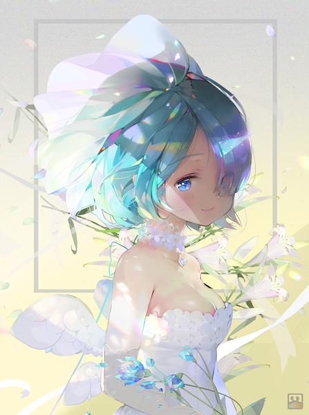 Anime picture 1341x1800 with re:zero kara hajimeru isekai seikatsu white fox rem (re:zero) crab d single tall image fringe short hair breasts blue eyes bare shoulders cleavage upper body light smile wind hair over one eye aqua hair shaded face girl dress