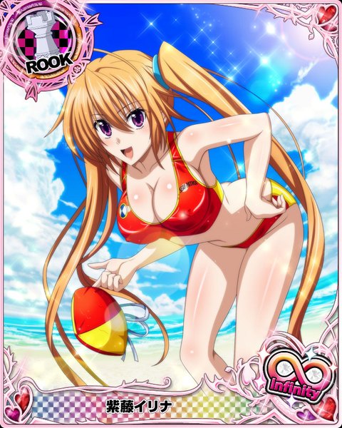 Anime picture 640x800 with highschool dxd shidou irina single tall image looking at viewer blush breasts open mouth light erotic brown hair purple eyes twintails sky cloud (clouds) very long hair beach card (medium) girl