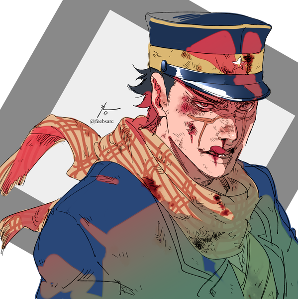 Anime picture 1994x2000 with golden kamuy sugimoto saichi zifletts single tall image highres short hair black hair signed looking away upper body twitter username scar licking blood on face bloody clothes boy uniform tongue scarf