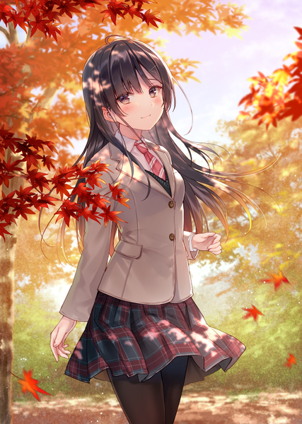 Anime picture 595x835 with original fukahire (ruinon) single long hair tall image looking at viewer blush fringe black hair smile hair between eyes standing brown eyes sky cloud (clouds) outdoors pleated skirt wind plaid skirt gradient hair