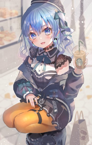 Anime picture 2515x3936 with virtual youtuber hololive starbucks hoshimachi suisei hoshimachi suisei (3rd costume) dodota single long hair tall image looking at viewer blush fringe highres open mouth blue eyes hair between eyes blue hair nail polish :d one side up
