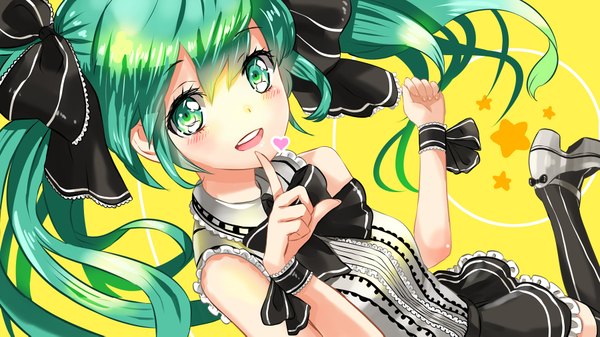 Anime picture 1800x1013 with vocaloid hatsune miku kanipanda single long hair looking at viewer blush highres open mouth wide image bare shoulders aqua eyes aqua hair finger to mouth yellow background girl thighhighs bow hair bow heart
