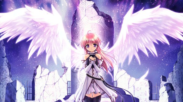 Anime picture 1280x720 with aiyoku no eustia eustia astraea long hair wide image purple eyes pink hair game cg girl wings