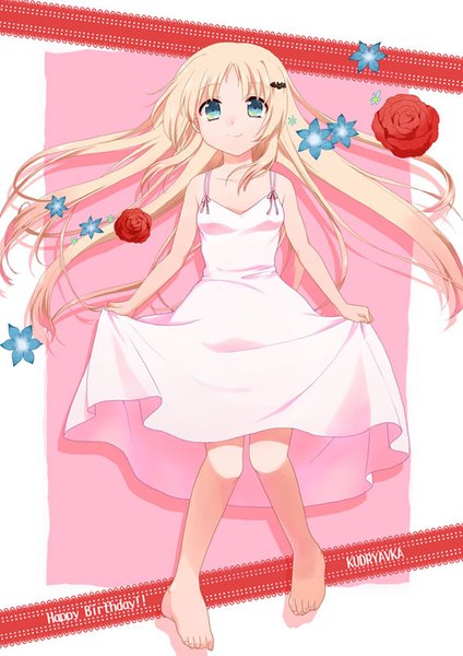 Anime picture 566x800 with little busters! key (studio) noumi kudryavka misaki juri single long hair tall image blue eyes smile bare shoulders barefoot inscription bare legs loli happy birthday girl dress flower (flowers) animal white dress