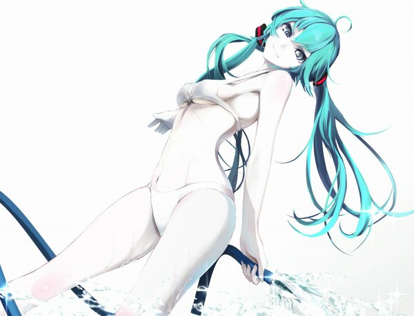 Anime picture 1024x785 with vocaloid hatsune miku erise single long hair looking at viewer fringe breasts light erotic simple background smile white background twintails holding aqua eyes light smile aqua hair pale skin girl navel