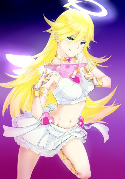 Anime picture 1400x2000 with panty & stocking with garterbelt anarchy panty yamaishi (mukoubuti) jade (1308mukoubuti) single long hair tall image light erotic blonde hair green eyes midriff girl navel underwear panties wings bracelet heart halo collar