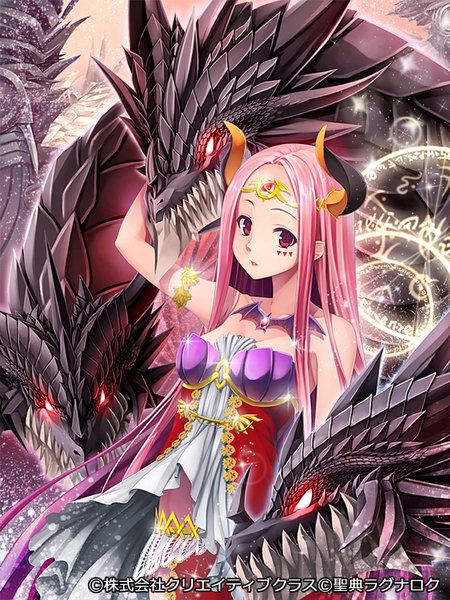 Anime picture 600x800 with seiten ragnarok pochadon single long hair tall image looking at viewer red eyes pink hair horn (horns) fantasy girl dress hair ornament dragon