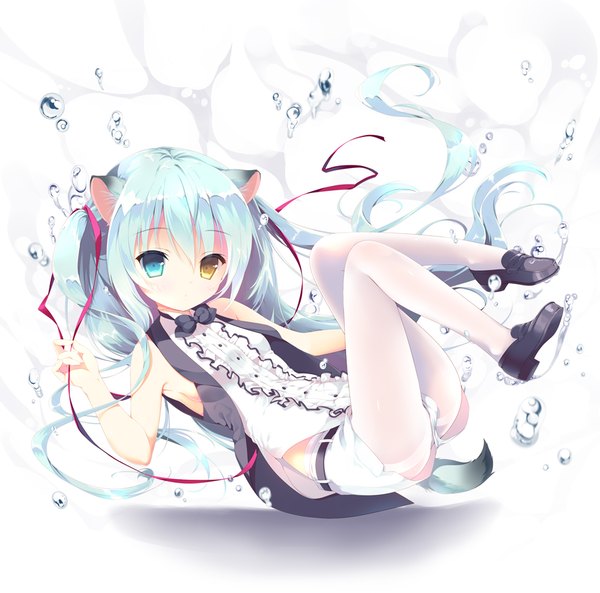 Anime picture 910x900 with original amanagi seiji long hair looking at viewer light erotic animal ears blue hair tail animal tail heterochromia girl ribbon (ribbons) pantyhose bubble (bubbles)