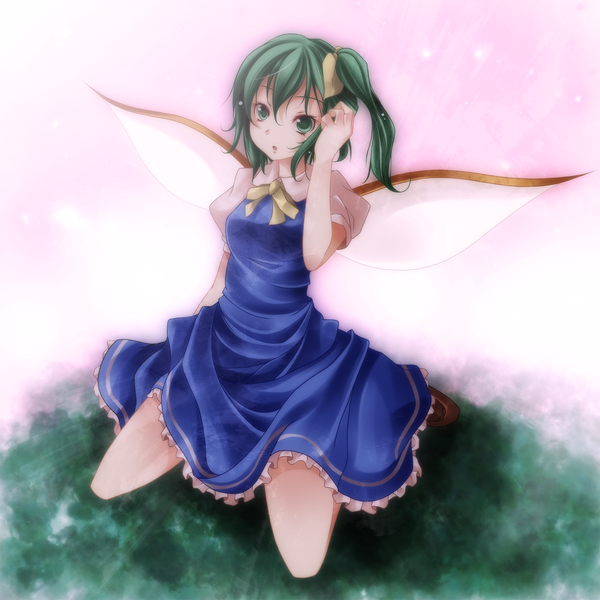Anime picture 1500x1500 with touhou daiyousei s-syogo single short hair green eyes green hair one side up insect wings butterfly wings girl dress wings