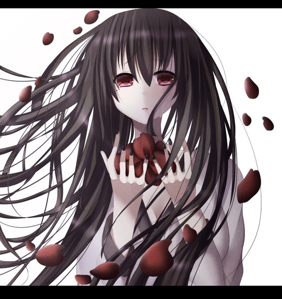 Anime picture 1364x1444 with original yue (id4220878) single long hair tall image looking at viewer black hair red eyes white background japanese clothes girl flower (flowers) petals kimono