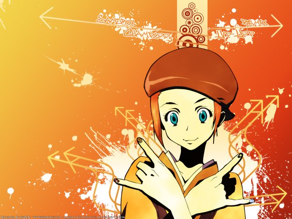 Anime picture 1600x1200 with samurai champloo fuu (samurai champloo) kasumi fuu shinn looking at viewer short hair blue eyes smile signed upper body nail polish traditional clothes japanese clothes orange hair lipstick pointing orange background mmm 2007 girl