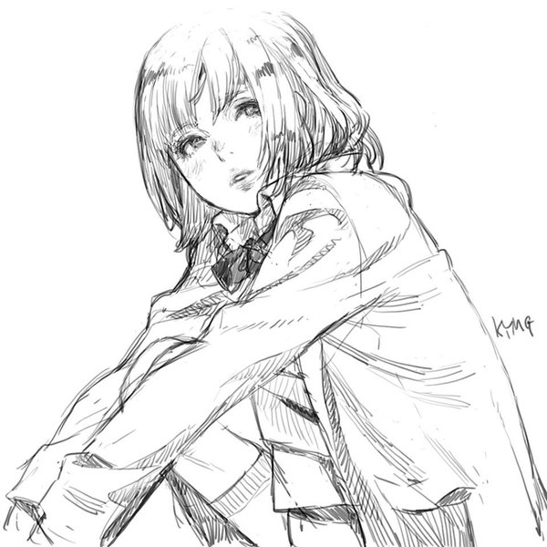 Anime picture 960x960 with kozaki yusuke single blush fringe short hair open mouth simple background white background sitting looking away bent knee (knees) parted lips open clothes open jacket monochrome open collar drawing girl bow jacket