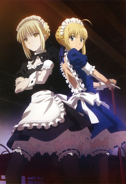 Anime picture 4081x5938 with fate (series) fate/stay night carnival phantasm studio deen type-moon nyantype artoria pendragon (all) saber saber alter tall image highres short hair blonde hair multiple girls green eyes yellow eyes absurdres ahoge looking back official art
