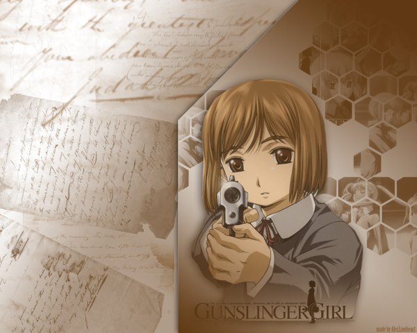 イラスト 1280x1024 と ガンスリンガー・ガール マッドハウス henrietta (gunslinger girl) invincible ソロ カメラ目線 短い髪 茶色の髪 茶目 signed upper body 壁紙 copyright name third-party edit polychromatic 女の子 武器 銃砲 銃