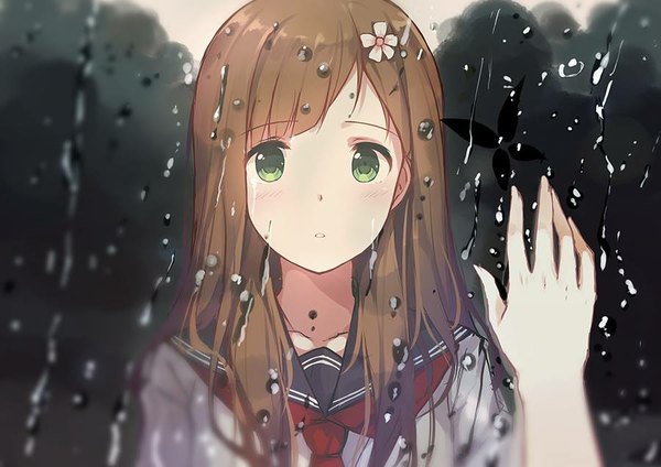 Anime picture 900x636 with original aki (caidychen) caidychen single long hair looking at viewer blush fringe brown hair green eyes upper body indoors parted lips hair flower fingernails blurry reflection rain pov against glass