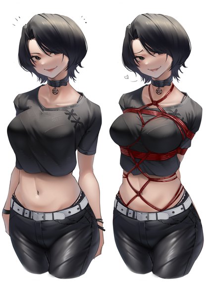 Anime picture 2894x4093 with original harris hero tall image looking at viewer fringe highres short hair breasts light erotic black hair simple background smile large breasts standing white background head tilt black eyes hair over one eye short sleeves midriff