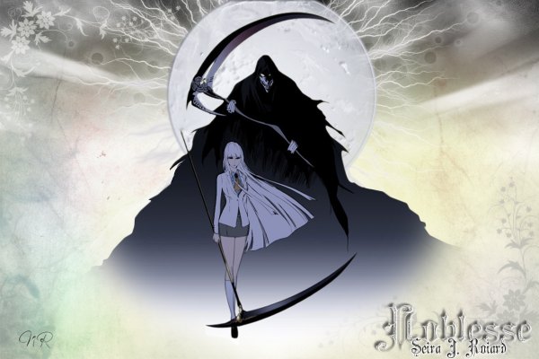 Anime picture 1200x800 with noblesse seira j. roiard long hair looking at viewer red eyes white hair inscription girl uniform flower (flowers) plant (plants) shirt cloak scythe