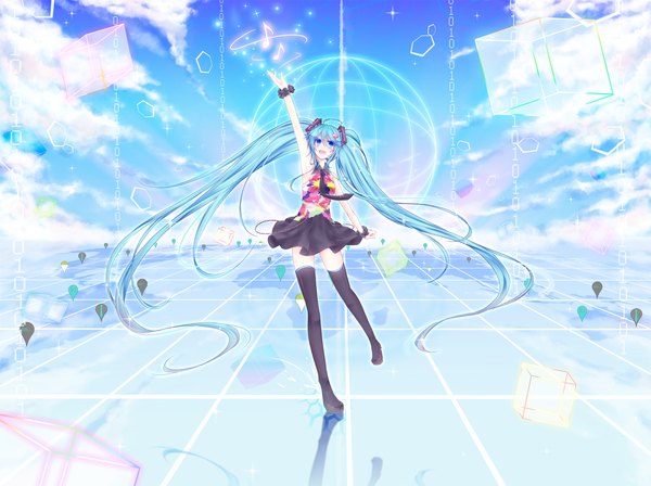 Anime picture 1415x1058 with vocaloid tell your world (vocaloid) hatsune miku mokoppe single looking at viewer blue eyes twintails cloud (clouds) very long hair aqua hair girl thighhighs skirt black thighhighs miniskirt necktie