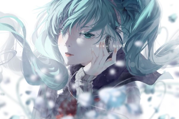Anime picture 1500x996 with vocaloid hatsune miku cici single looking at viewer simple background white background twintails very long hair aqua eyes wind aqua hair depth of field character names pale skin girl serafuku headphones sweater water drop