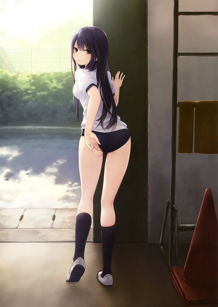Anime picture 2494x3500 with original shiramine rika coffee-kizoku single long hair tall image looking at viewer blush highres light erotic black hair full body ass looking back from behind black eyes scan adjusting clothes girl uniform