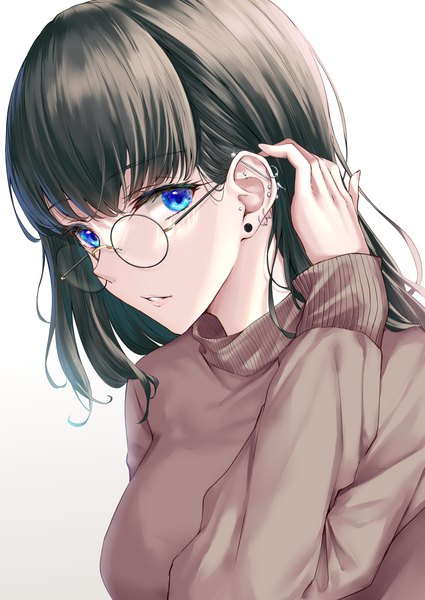 Anime picture 2508x3541 with original rama (yu-light8) single long hair tall image looking at viewer fringe highres breasts blue eyes black hair simple background white background upper body blunt bangs long sleeves parted lips arm up piercing ear piercing