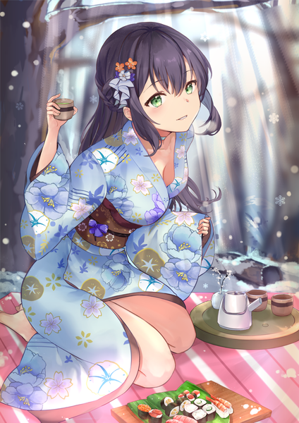 Anime picture 1240x1754 with original mosta (lo1777789) single long hair tall image looking at viewer blush fringe black hair smile hair between eyes sitting green eyes payot outdoors braid (braids) traditional clothes japanese clothes barefoot arm up