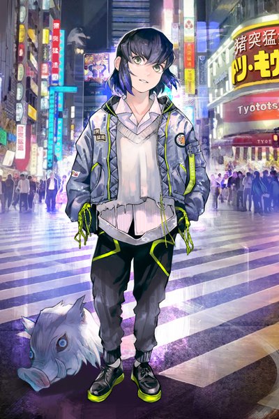 Anime picture 2250x3377 with kimetsu no yaiba ufotable hashibira inosuke rengoku kyoujurou kyuuba melo tall image looking at viewer highres short hair black hair green eyes full body outdoors open jacket alternate costume gradient hair solo focus hands in pockets casual contemporary