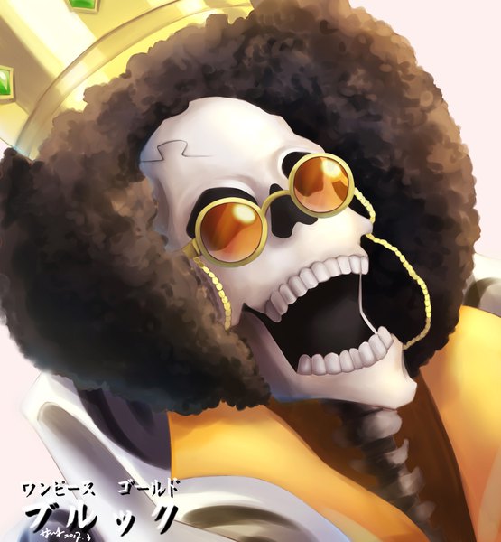 Anime picture 1748x1889 with one piece one piece film: gold toei animation brook (one piece) yan xiao qi single tall image highres short hair open mouth black hair simple background signed teeth character names hieroglyph dated portrait skeleton 2017