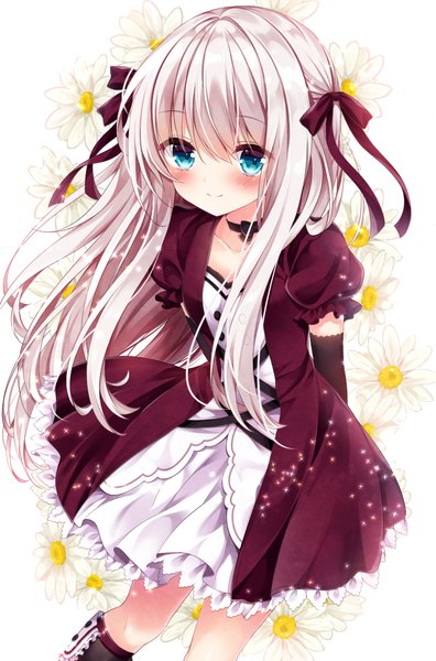 Anime picture 700x1061 with original nogi takayoshi single long hair tall image looking at viewer blush fringe blue eyes smile hair between eyes white background silver hair hands behind back floral background girl dress ribbon (ribbons) hair ribbon detached sleeves