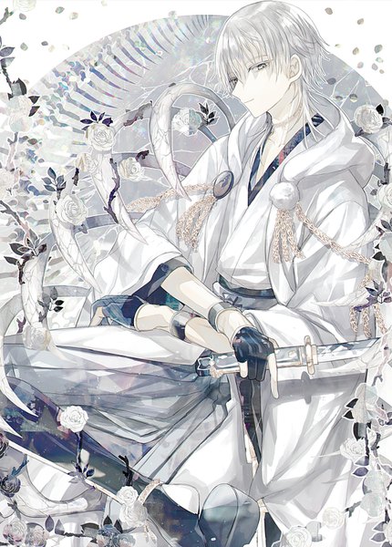 Anime picture 1076x1500 with touken ranbu nitroplus tsurumaru kuninaga abandon ranka single tall image looking at viewer fringe short hair hair between eyes holding yellow eyes silver hair profile boy gloves flower (flowers) weapon sword rose (roses)