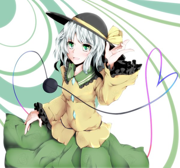 Anime picture 1360x1268 with touhou komeiji koishi kinounosika (artist) single short hair open mouth green eyes silver hair heart of string girl hat heart