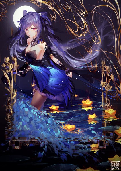 Anime picture 3507x4950 with genshin impact keqing (genshin impact) keqing (opulent splendor) (genshin impact) meowmeowgirl single long hair tall image highres twintails looking away absurdres cleavage purple hair pink eyes hair bun (hair buns) official alternate costume girl dress detached collar moon