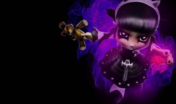 Anime picture 1215x717 with league of legends annie (league of legends) black hair wide image nail polish black eyes magic emo girl teddy bear