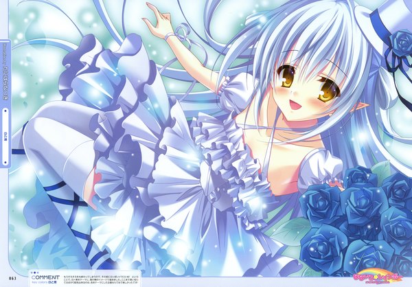 Anime picture 4839x3374 with dengeki moeou tanihara natsuki single looking at viewer blush highres open mouth smile yellow eyes absurdres pointy ears zettai ryouiki girl thighhighs dress flower (flowers) hat white thighhighs leaf (leaves) blue rose